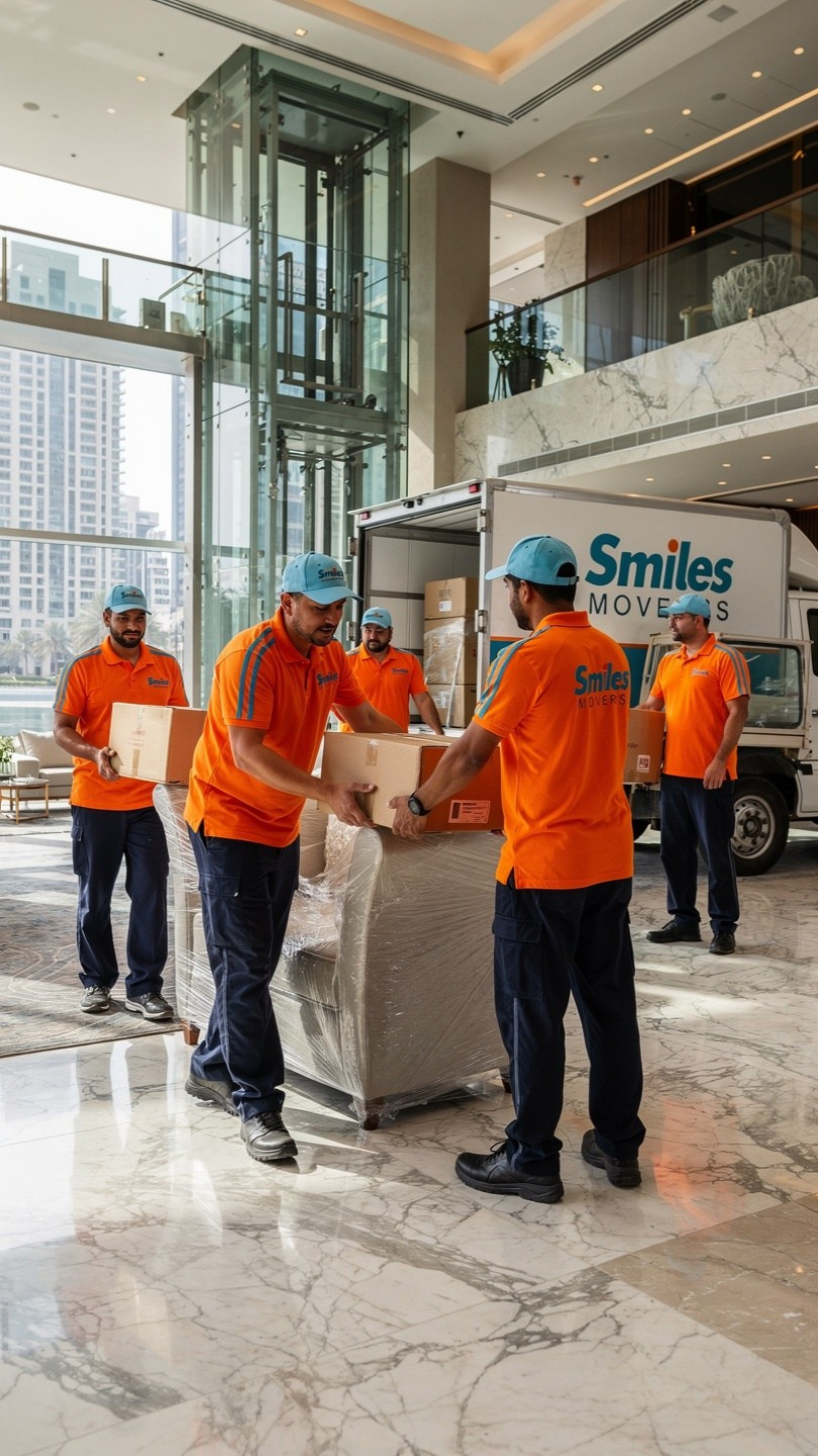 Movers wrapping a sofa in a Dubai Marina apartment