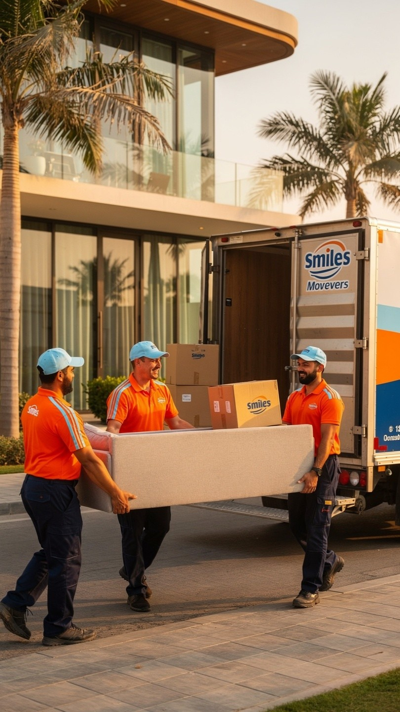 Office relocation crew moving desks and equipment in a Dubai office building