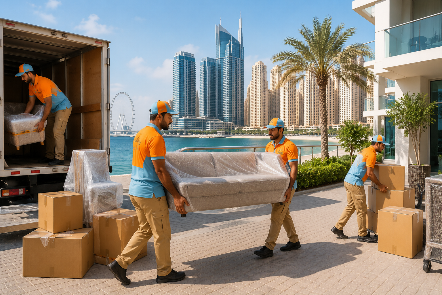Movers carrying wrapped furniture into a service lift in a Dubai Marina tower