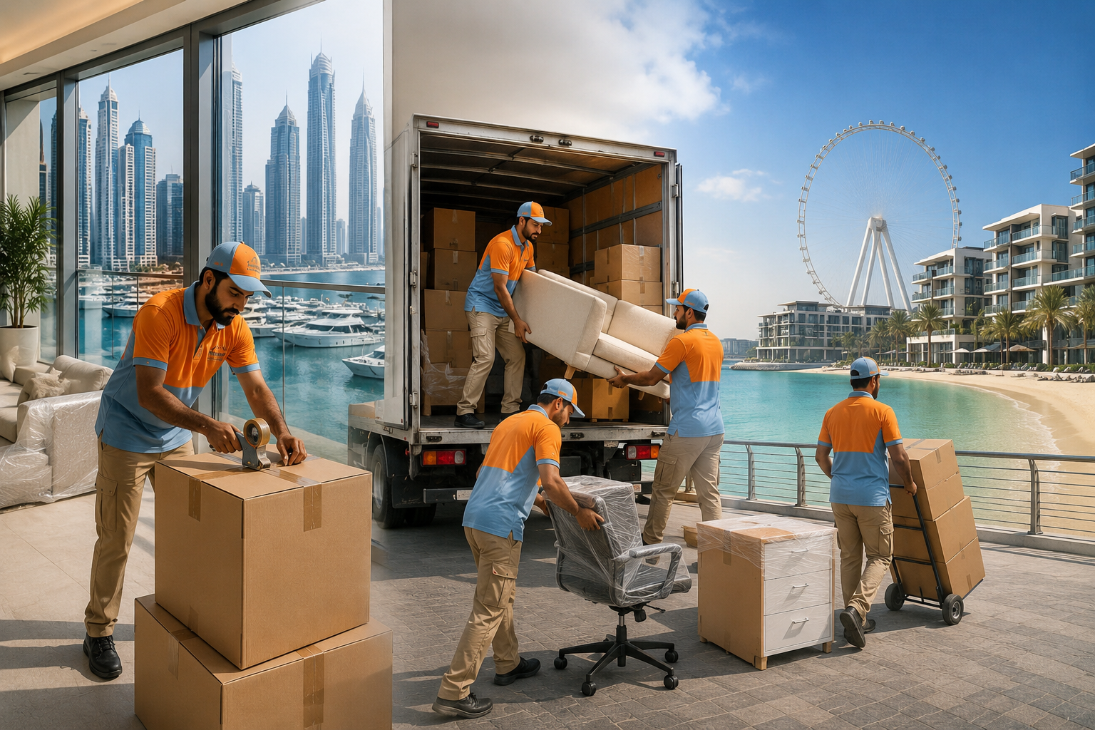 Moving truck loading furniture outside a Dubai Marina tower for a short waterfront move