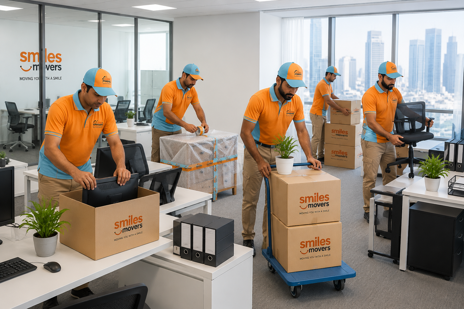 Office desks and IT equipment being packed and labelled for a Dubai office relocation