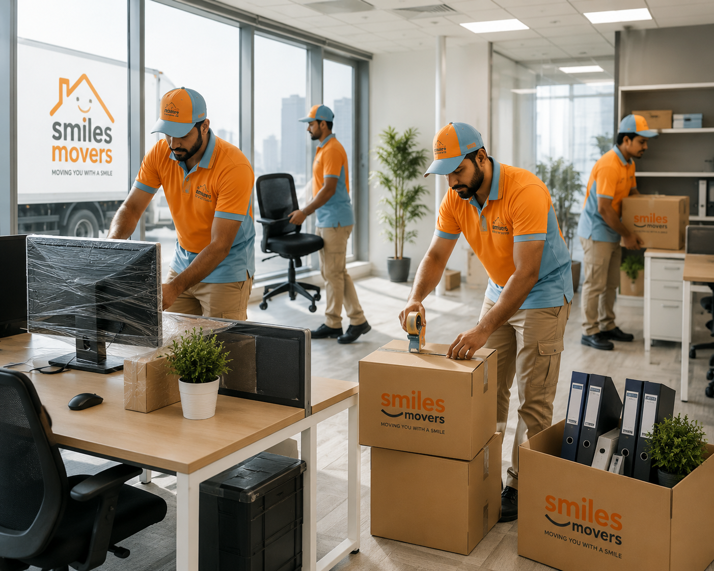Office relocation crew loading labelled boxes and IT equipment into a closed truck in Dubai