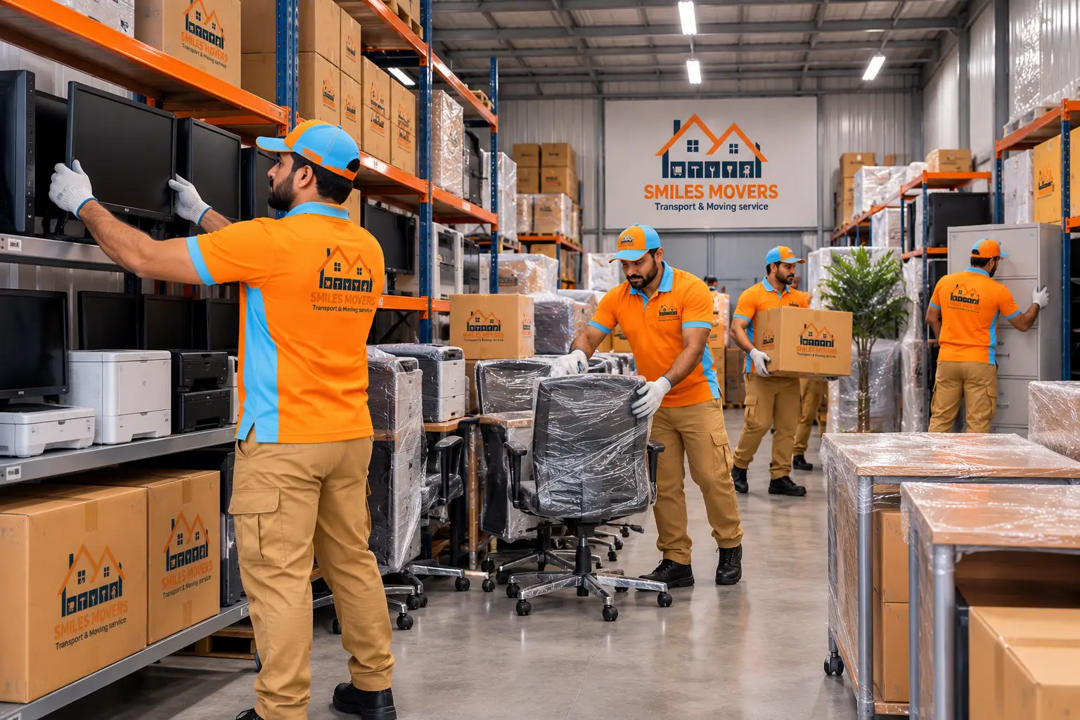 Office chairs, monitors and printers stored on racks for business storage in Dubai