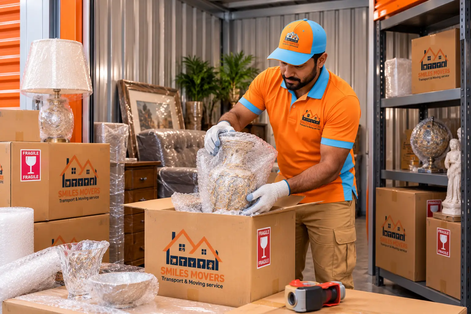Mover wrapping a fragile vase in bubble wrap before furniture storage in Dubai