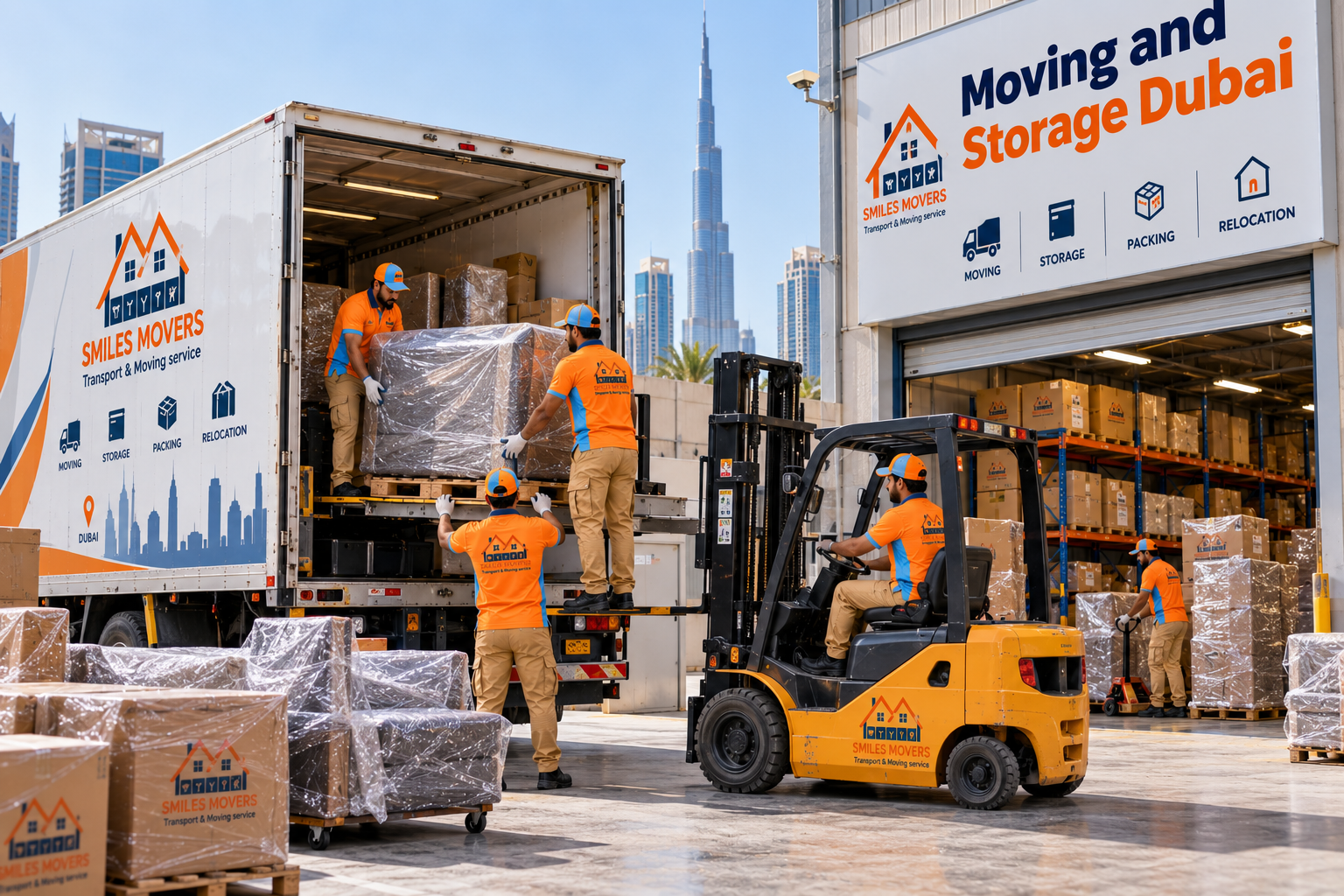 Movers wrapping a TV and furniture for a combined moving and storage service in Dubai