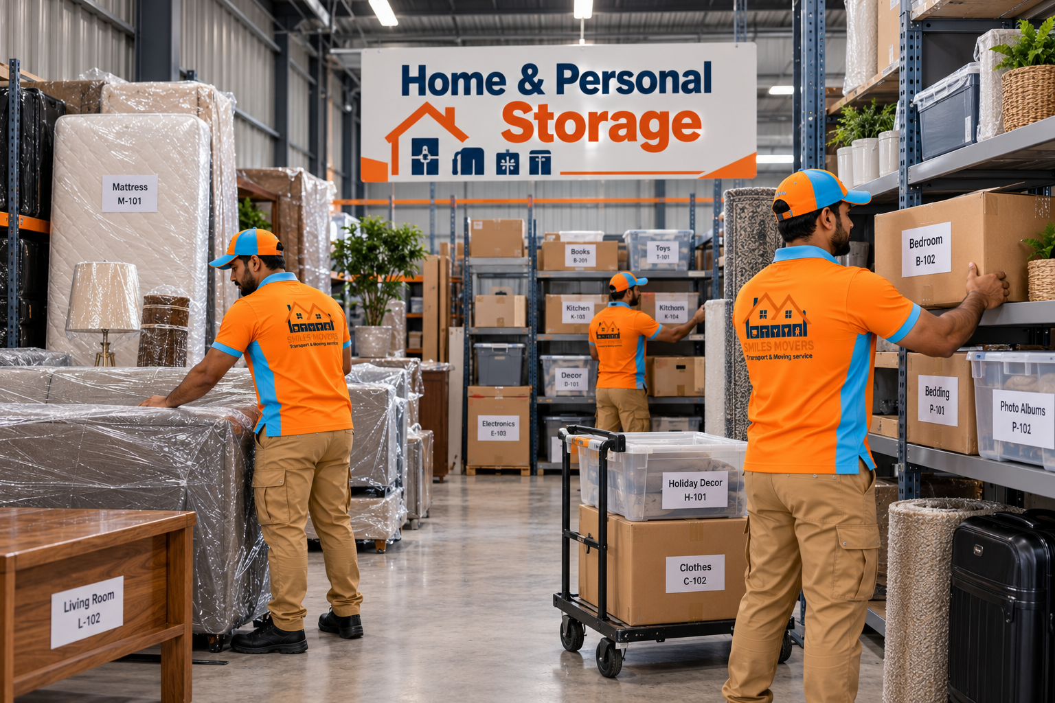 Movers placing household furniture into a home storage unit in Dubai