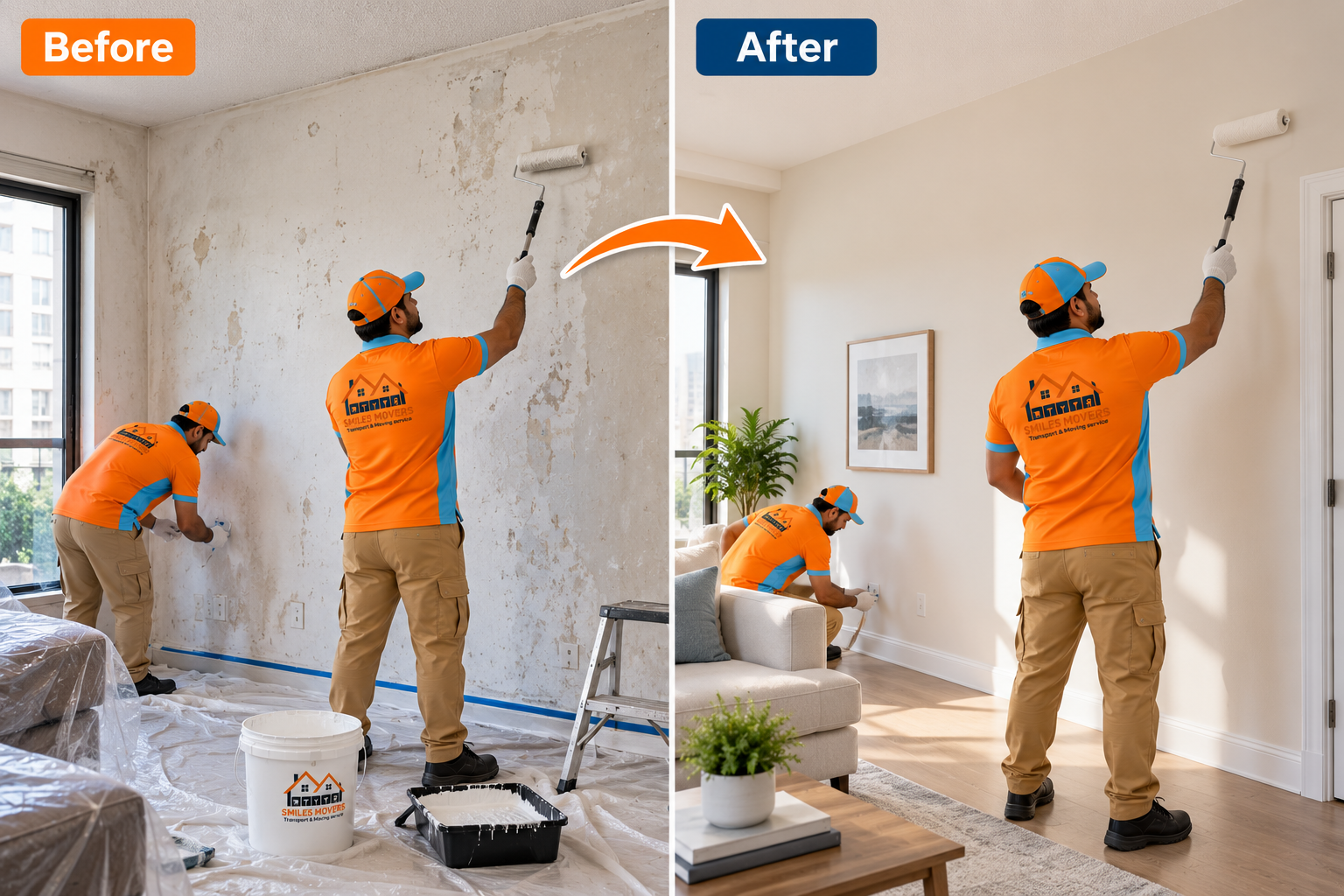 Smiles Movers professional painters painting walls and ceilings inside a Dubai home