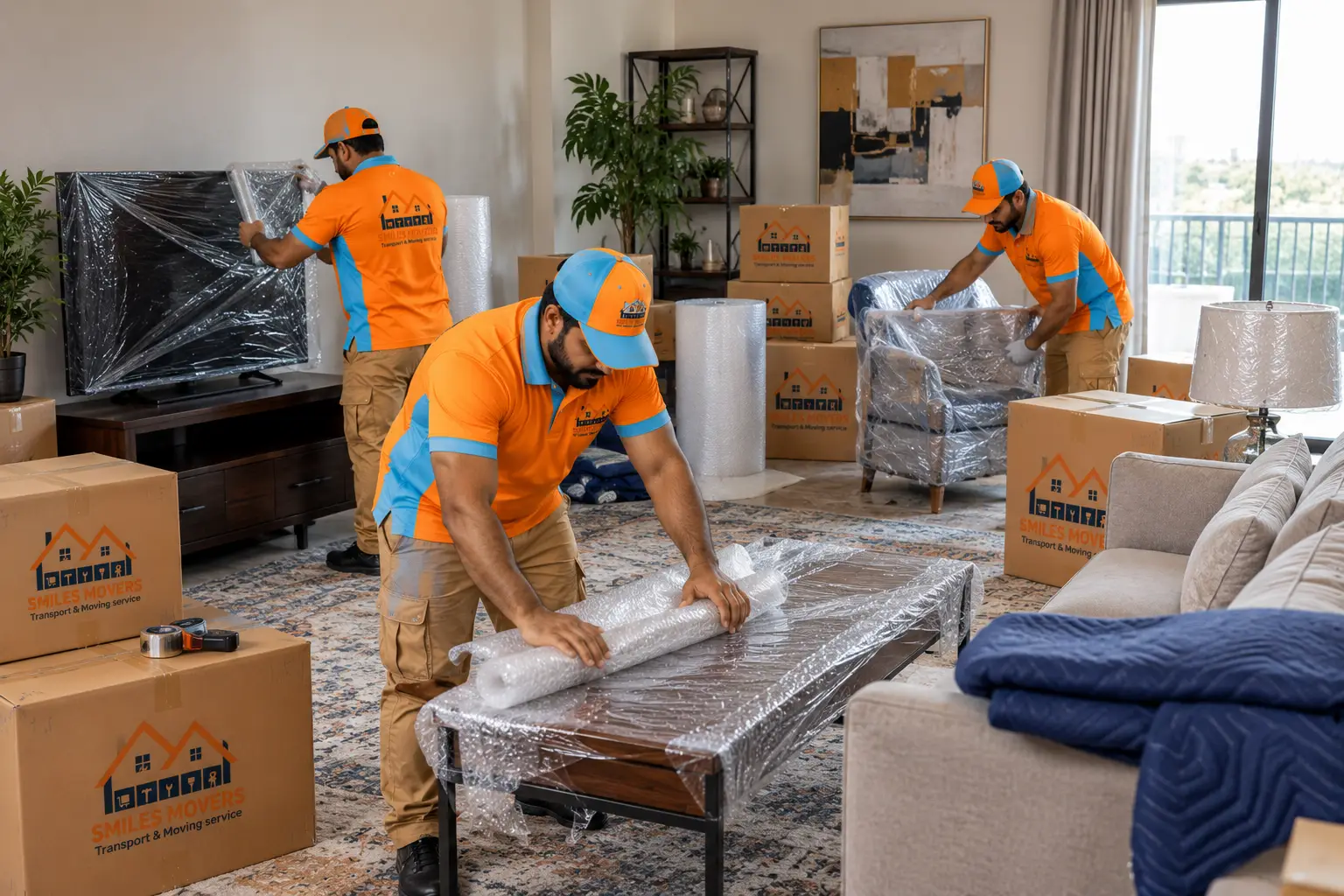 Labelled moving cartons stacked in a JVC apartment