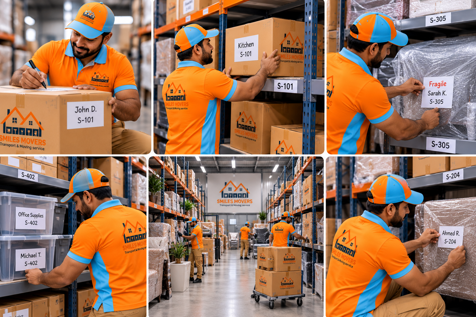Smiles Movers staff labelling boxes and furniture with customer names and shelf numbers in a Dubai storage warehouse