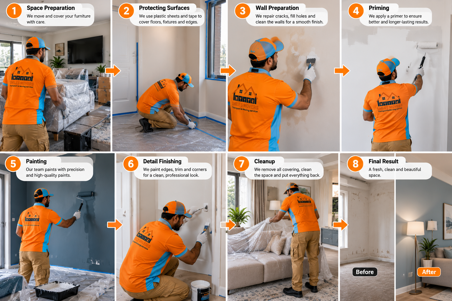 Eight-step painting process by Smiles Movers: space preparation, protecting surfaces, wall preparation, priming, painting, detail finishing, clean-up and final result