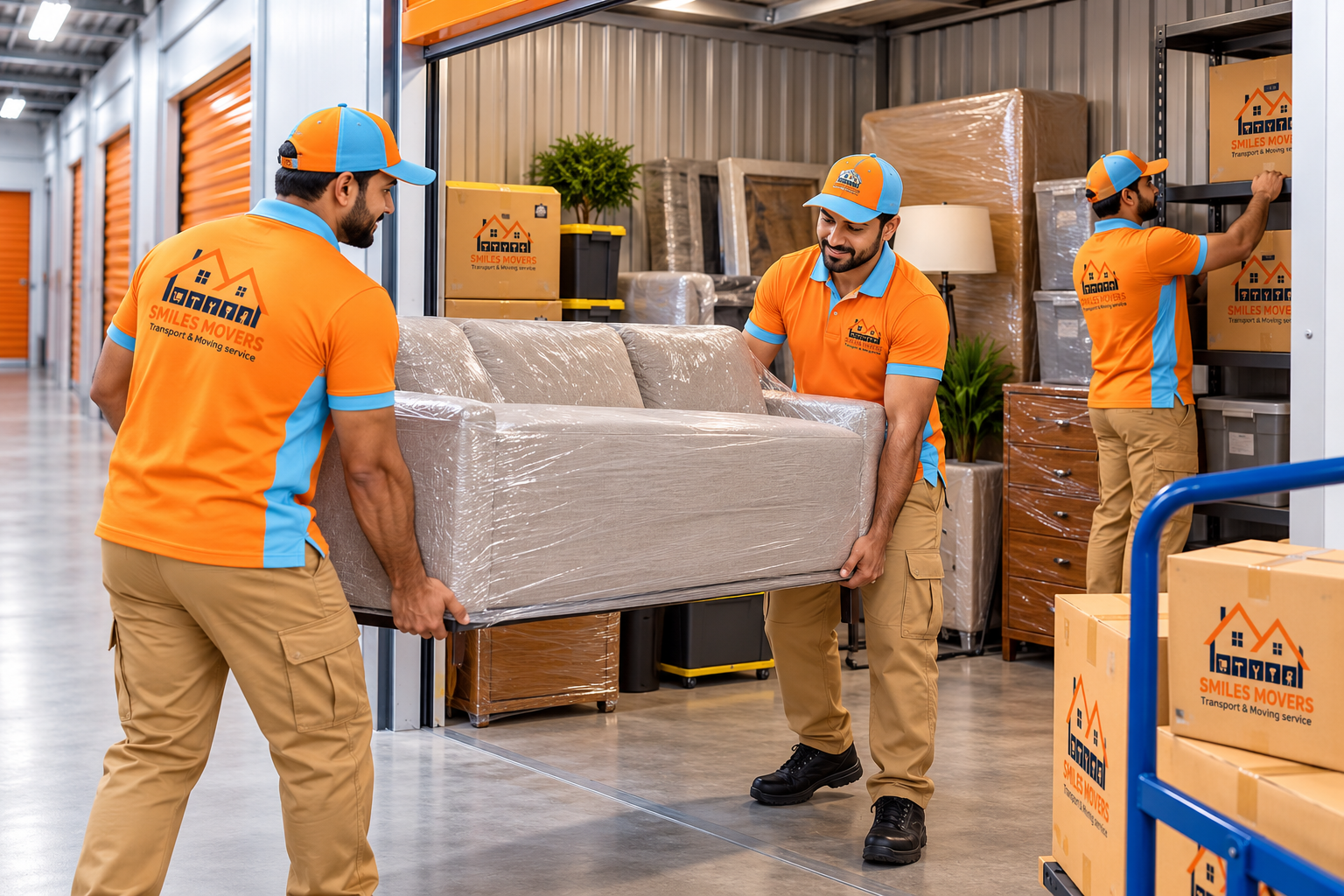 Smiles Movers team carrying a wrapped sofa into a storage unit in Dubai