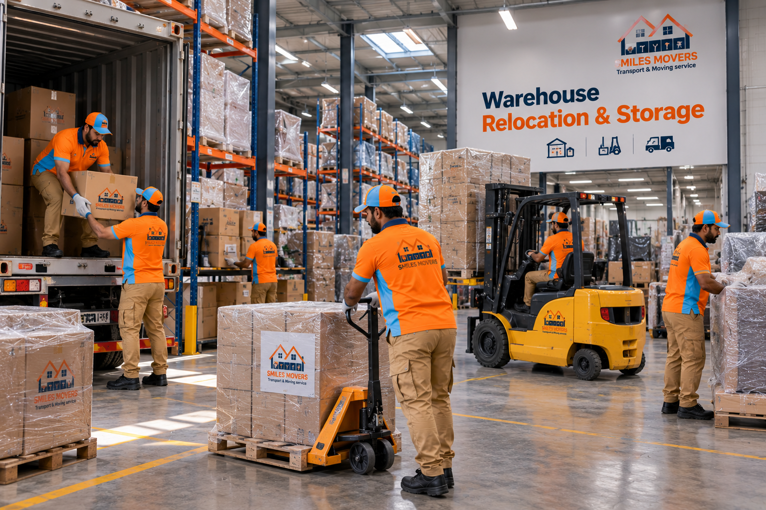 Warehouse relocation team moving packed stock in a Dubai warehouse